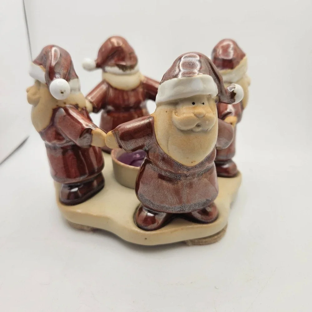 Vintage Santa Tea Light Holder Ceramic 4 Dancing Santas Christmas Decor w/ Box